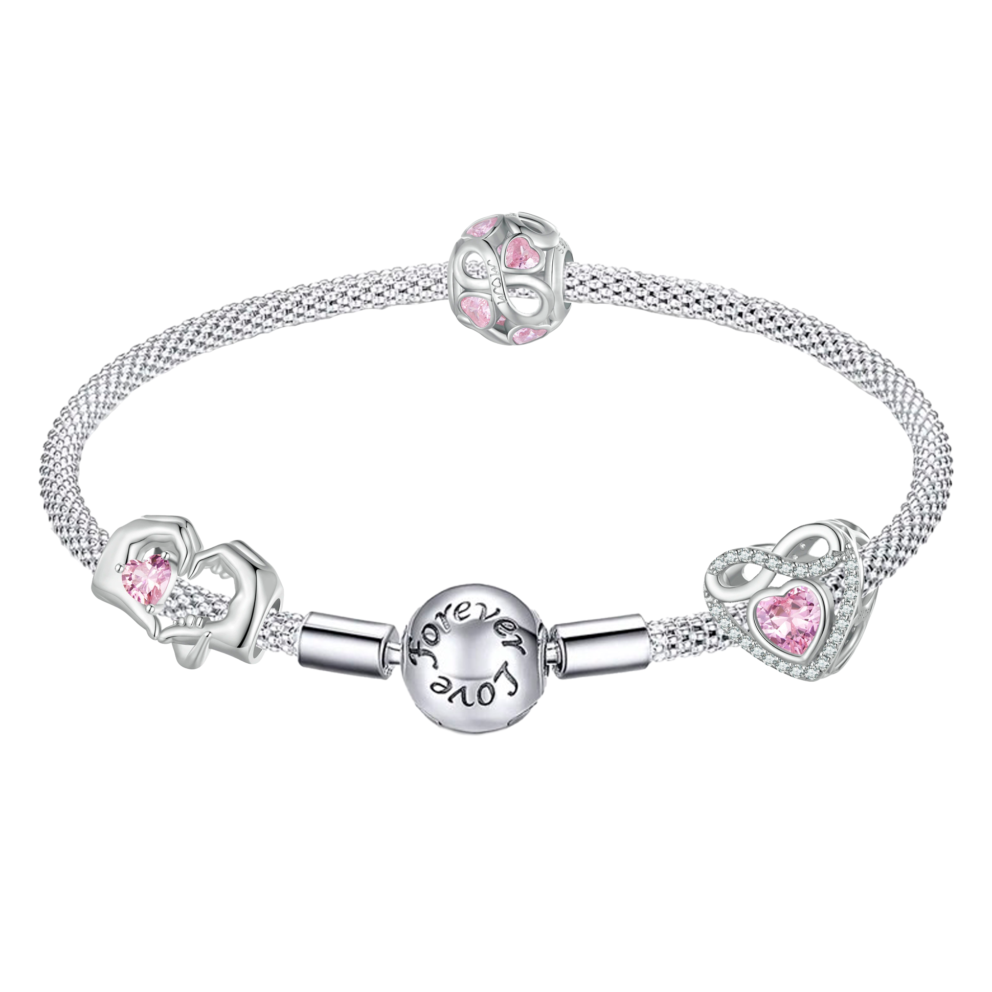 Conjunto Coração Rosa – Berloques em Prata 925 com Detalhes Cravejados e Rosa