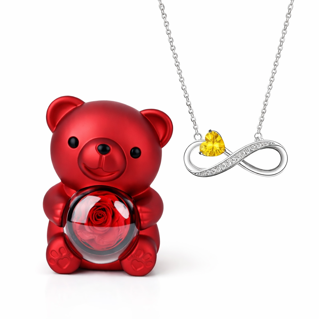 Colar Amor Infinito com Coração Cristal + Urso Rosa Encantado (Edição Presente Premium)