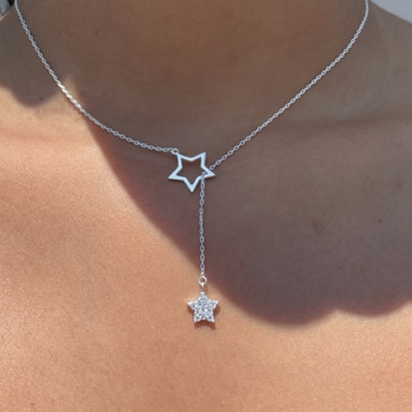 Colar em Prata 925 com Estrelas e Zircônias: Brilho Celestial Ajustável