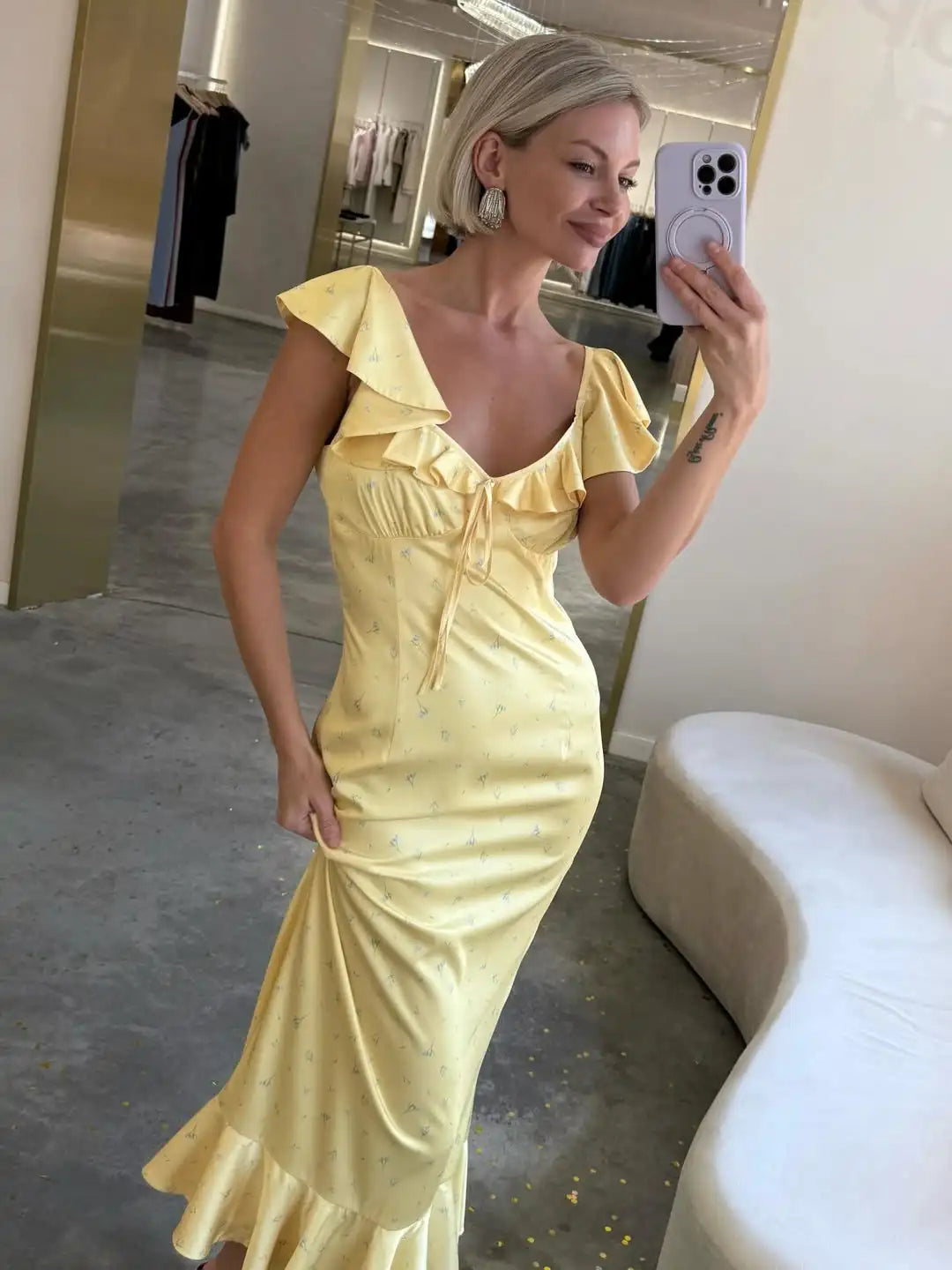 Yellow Satin Bias Cut Lace Midi Dress V Neck Backless Suspenders Elegant Women's Summer Dresses 2026 New Dinner Party Vestidos Life Charm