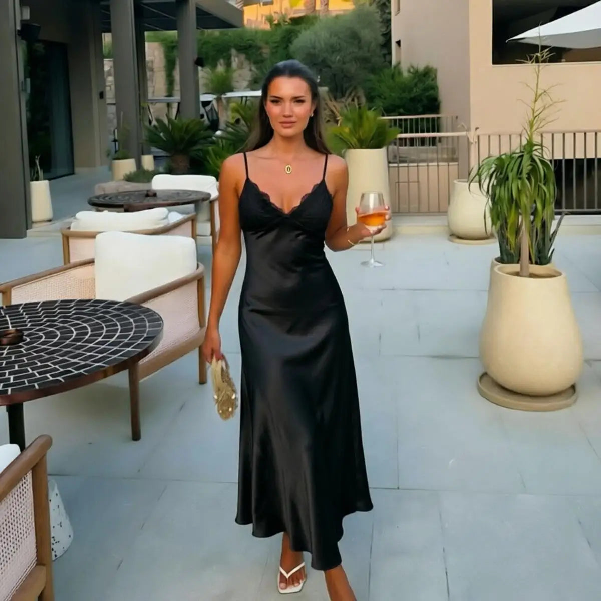 Yellow Satin Bias Cut Lace Midi Dress V Neck Backless Suspenders Elegant Women's Summer Dresses 2026 New Dinner Party Vestidos Life Charm