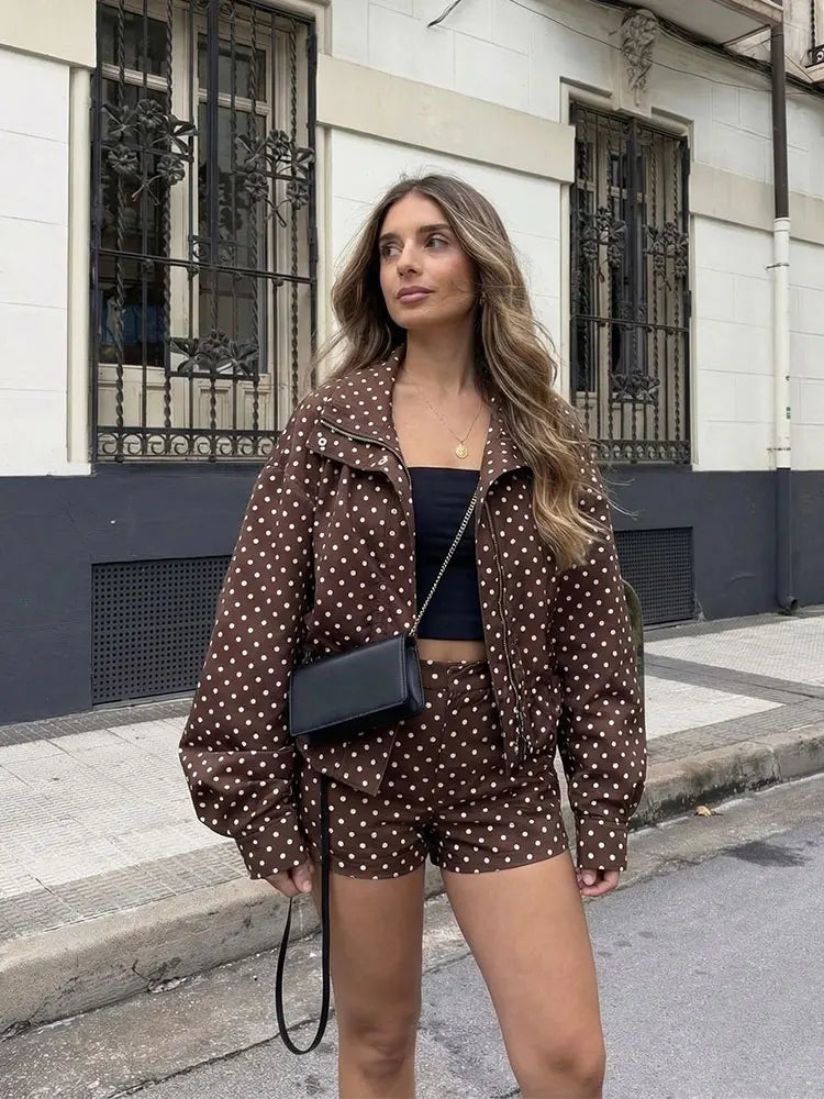 HH Women Fashion Polka Dot Coat Shorts Set Turtleneck Long Sleeve Zipper Jackets Slim Shorts Elegant Woman High Street Outfits Life Charm