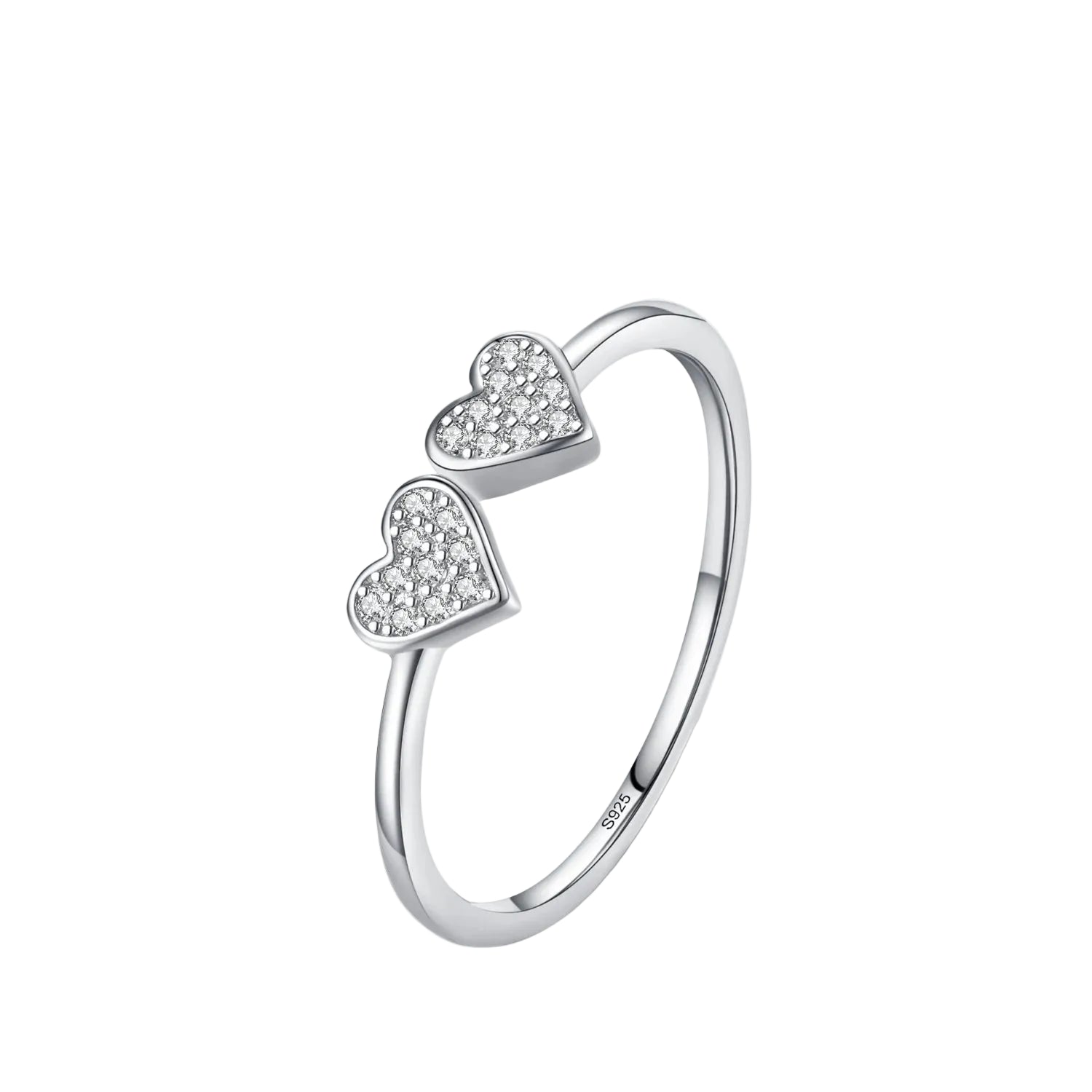 Anel Duplo Coração Cravejado em Prata 925