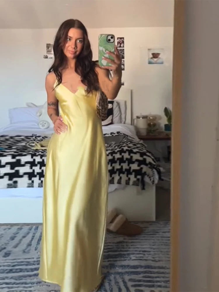 Yellow Satin Bias Cut Lace Midi Dress V Neck Backless Suspenders Elegant Women's Summer Dresses 2026 New Dinner Party Vestidos Life Charm