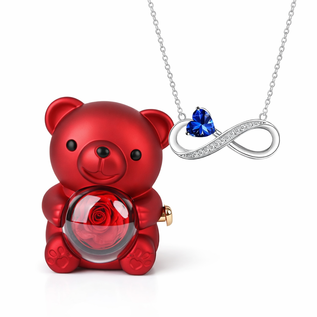 Colar Amor Infinito com Coração Cristal + Urso Rosa Encantado (Edição Presente Premium)