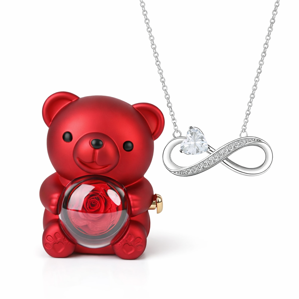Colar Amor Infinito com Coração Cristal + Urso Rosa Encantado (Edição Presente Premium)