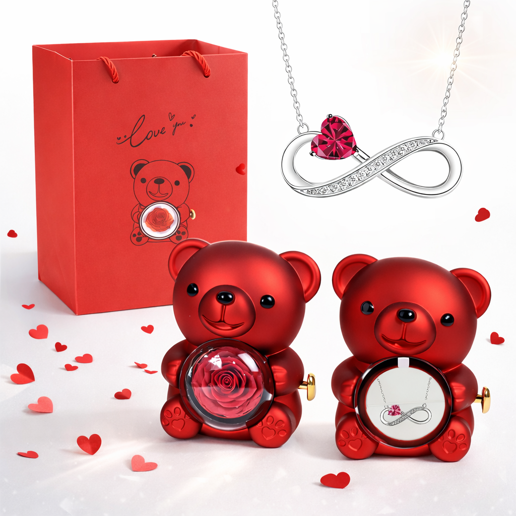 Colar Amor Infinito com Coração Cristal + Urso Rosa Encantado (Edição Presente Premium)