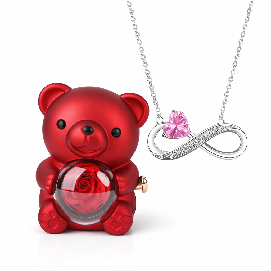 Colar Amor Infinito com Coração Cristal + Urso Rosa Encantado (Edição Presente Premium)