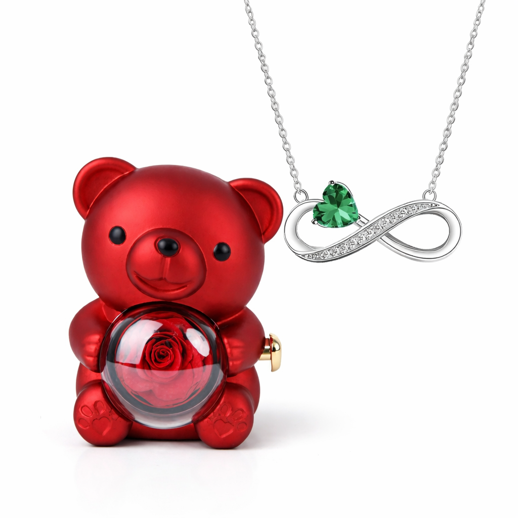 Colar Amor Infinito com Coração Cristal + Urso Rosa Encantado (Edição Presente Premium)
