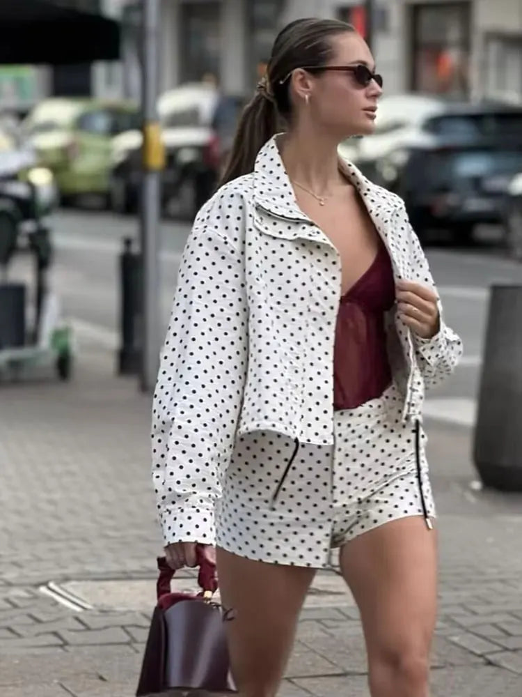 HH Women Fashion Polka Dot Coat Shorts Set Turtleneck Long Sleeve Zipper Jackets Slim Shorts Elegant Woman High Street Outfits Life Charm