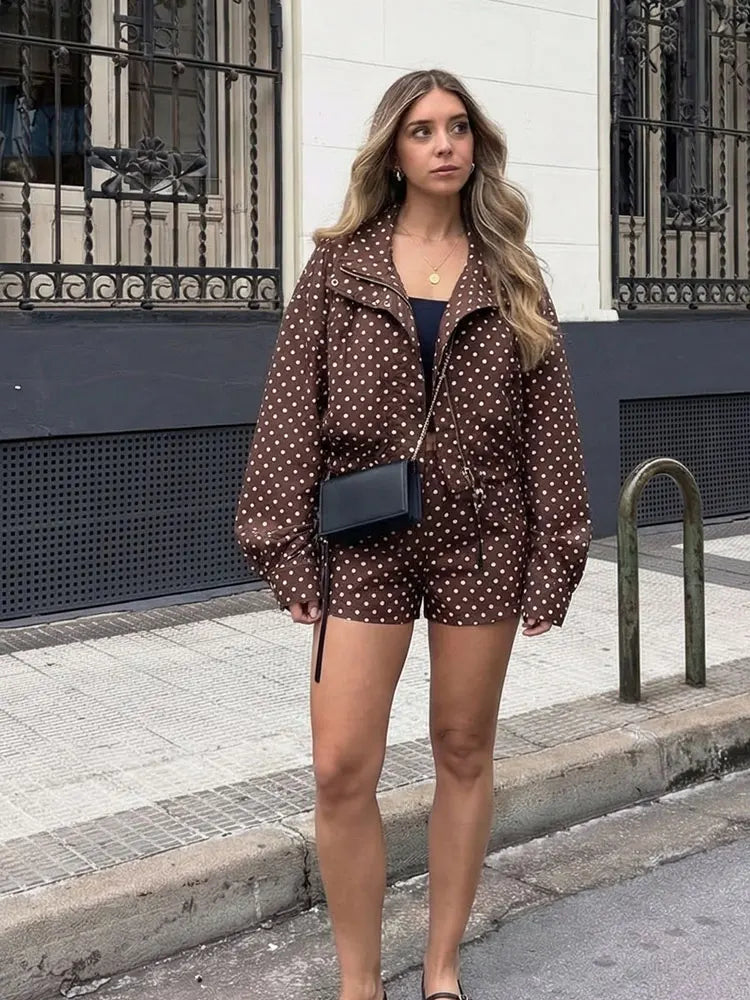 HH Women Fashion Polka Dot Coat Shorts Set Turtleneck Long Sleeve Zipper Jackets Slim Shorts Elegant Woman High Street Outfits Life Charm