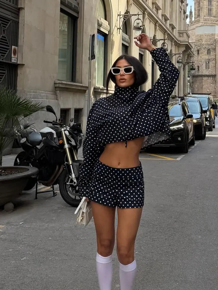 HH Women Fashion Polka Dot Coat Shorts Set Turtleneck Long Sleeve Zipper Jackets Slim Shorts Elegant Woman High Street Outfits Life Charm