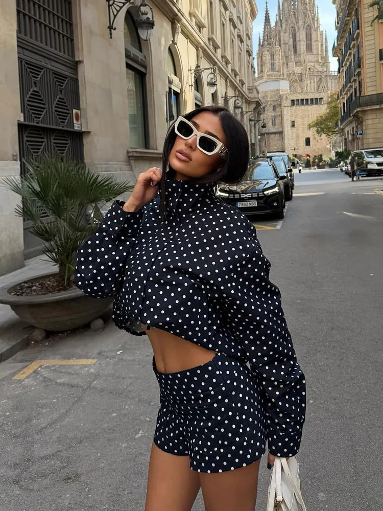 HH Women Fashion Polka Dot Coat Shorts Set Turtleneck Long Sleeve Zipper Jackets Slim Shorts Elegant Woman High Street Outfits Life Charm