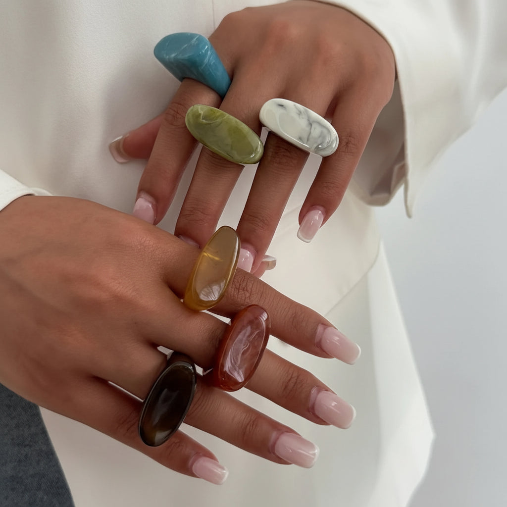 Anel de Resina Colorido Marmorizado Chunky – Kit 6 Unidades ou Avulso