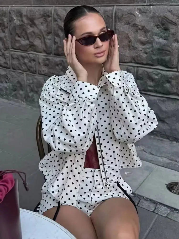 HH Women Fashion Polka Dot Coat Shorts Set Turtleneck Long Sleeve Zipper Jackets Slim Shorts Elegant Woman High Street Outfits Life Charm