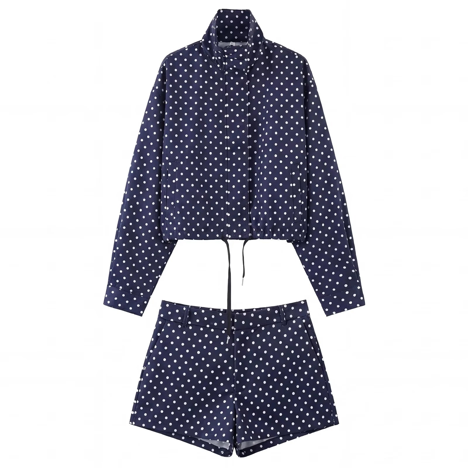 HH Women Fashion Polka Dot Coat Shorts Set Turtleneck Long Sleeve Zipper Jackets Slim Shorts Elegant Woman High Street Outfits Life Charm