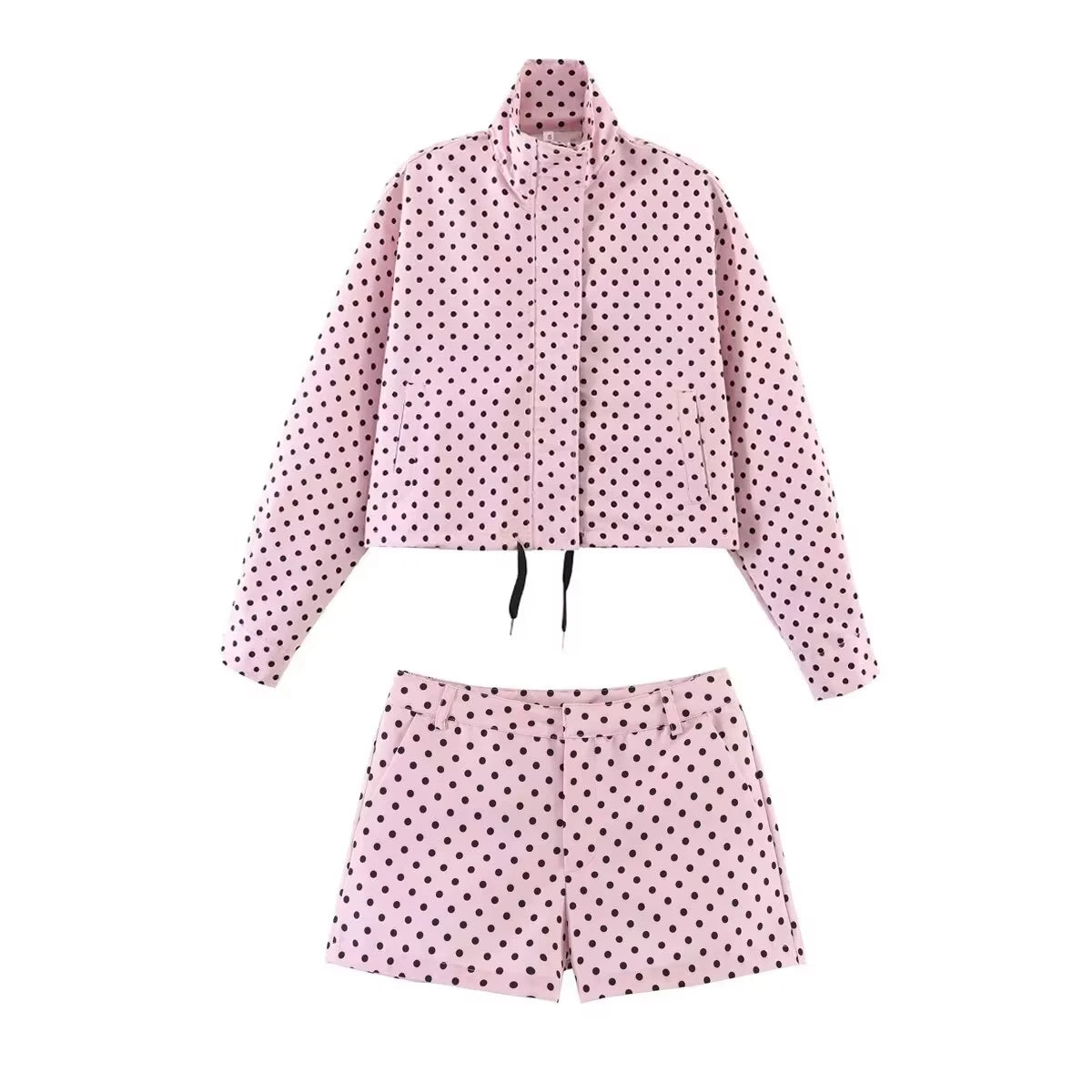 HH Women Fashion Polka Dot Coat Shorts Set Turtleneck Long Sleeve Zipper Jackets Slim Shorts Elegant Woman High Street Outfits Life Charm