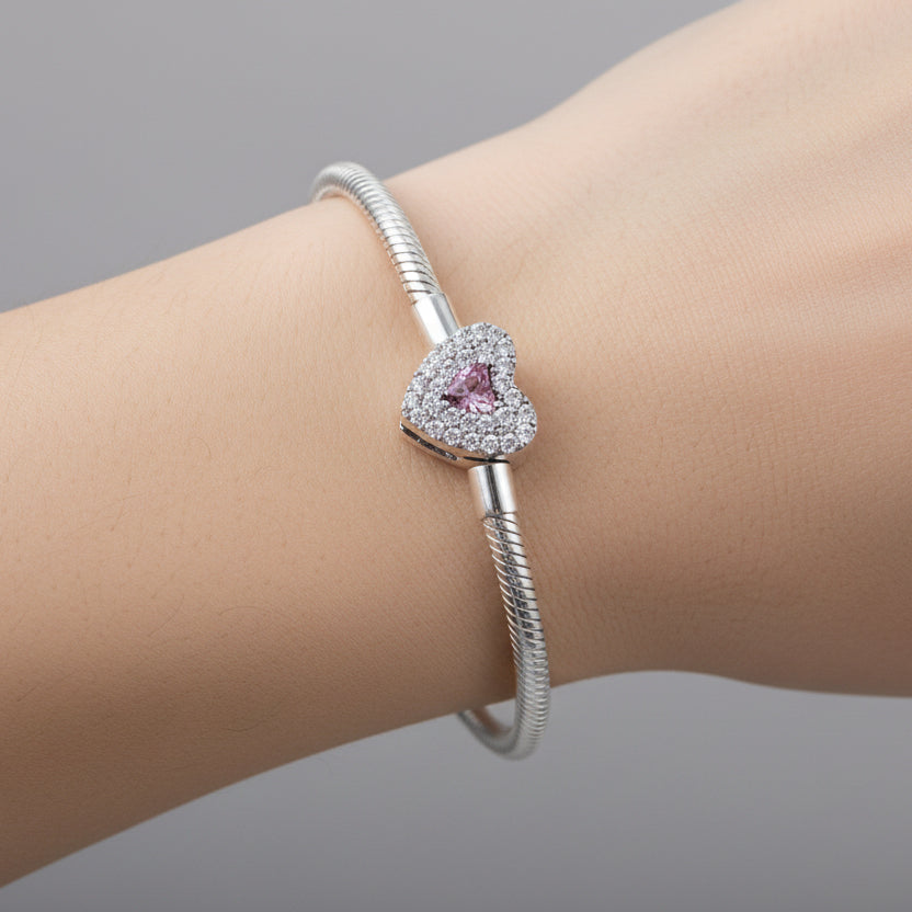Pulseira para Berloque em Prata 925 com Coração Cravejado