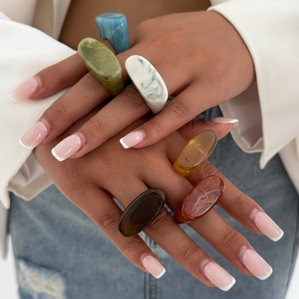 Anel de Resina Colorido Marmorizado Chunky – Kit 6 Unidades ou Avulso