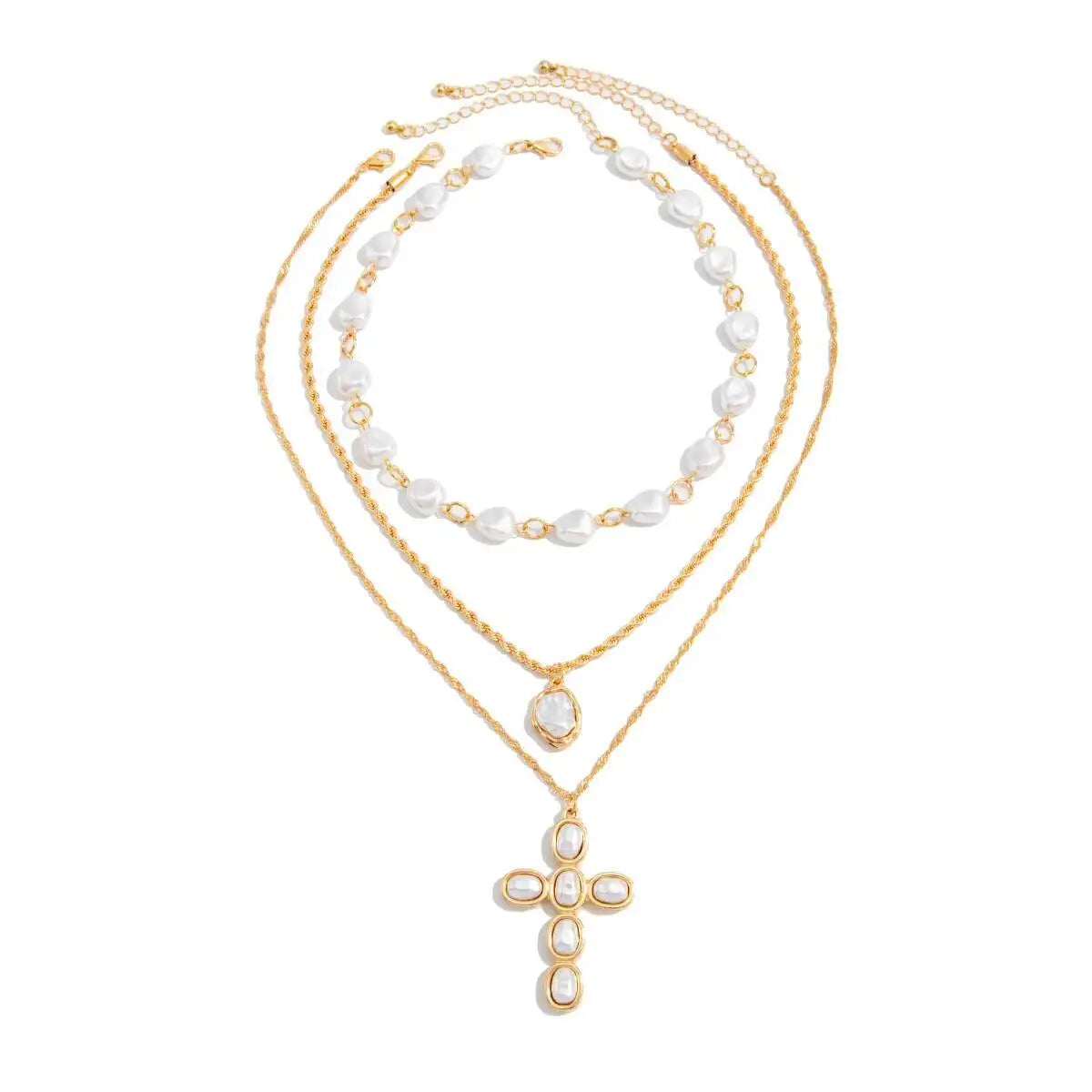 Conjunto Divina Camada – 3 Colares com Pérolas e Cruz