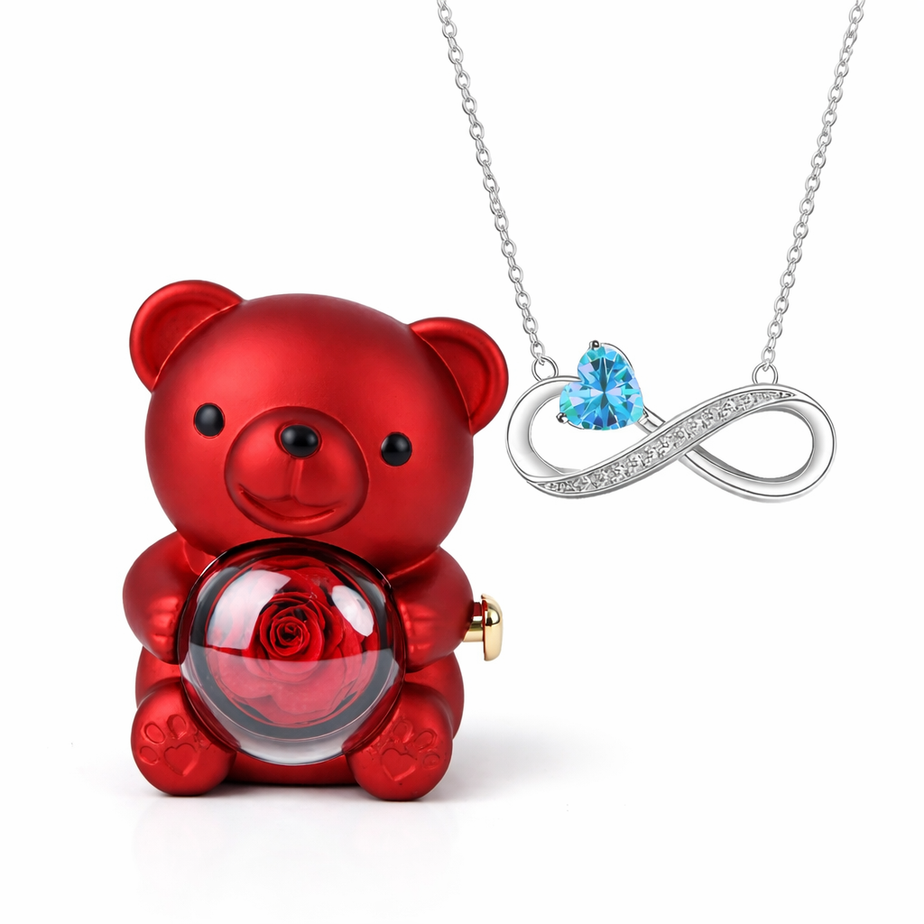 Colar Amor Infinito com Coração Cristal + Urso Rosa Encantado (Edição Presente Premium)