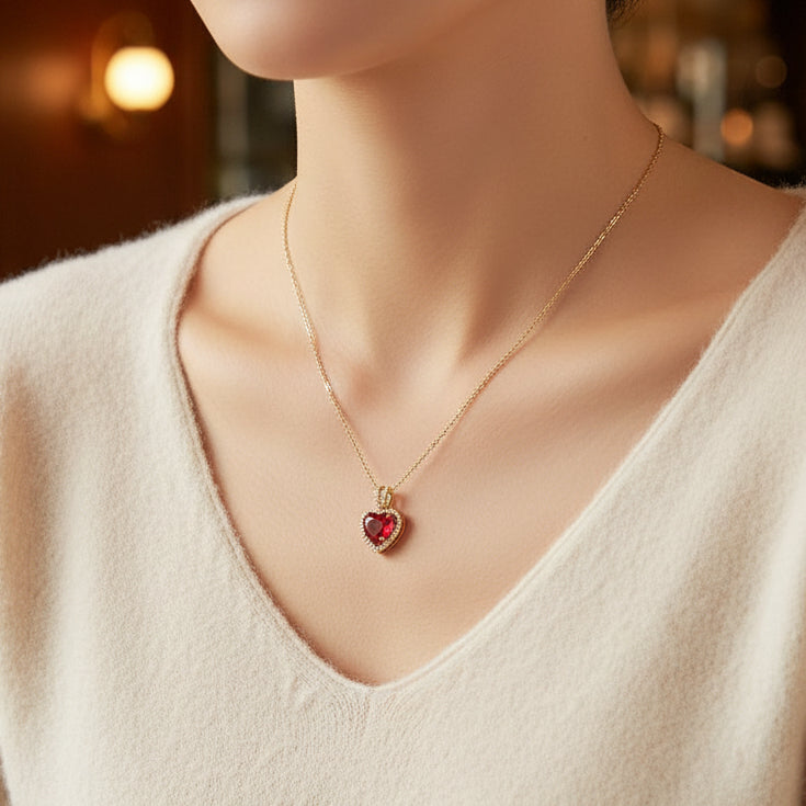Colar Coração Rubi Cravejado Banhado a Ouro 18K