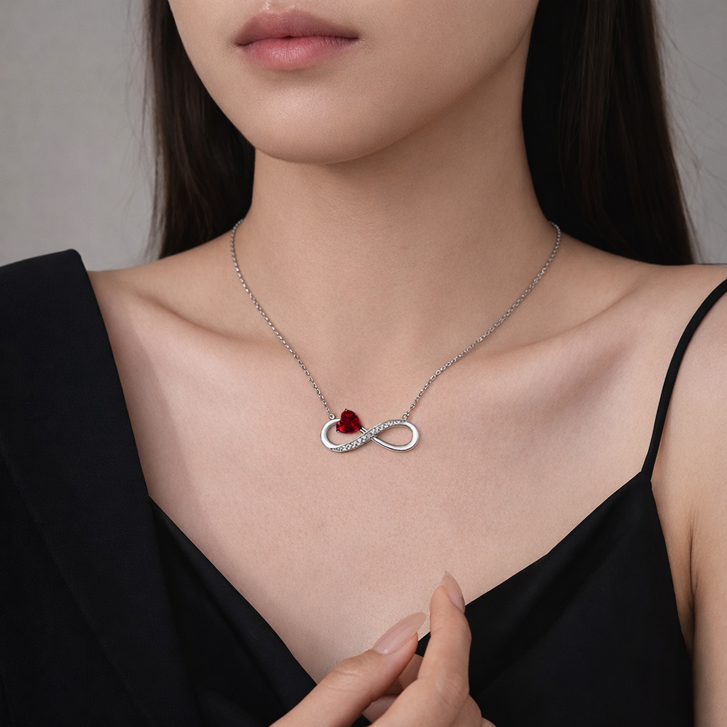 Colar Amor Infinito com Coração Cristal + Urso Rosa Encantado (Edição Presente Premium)