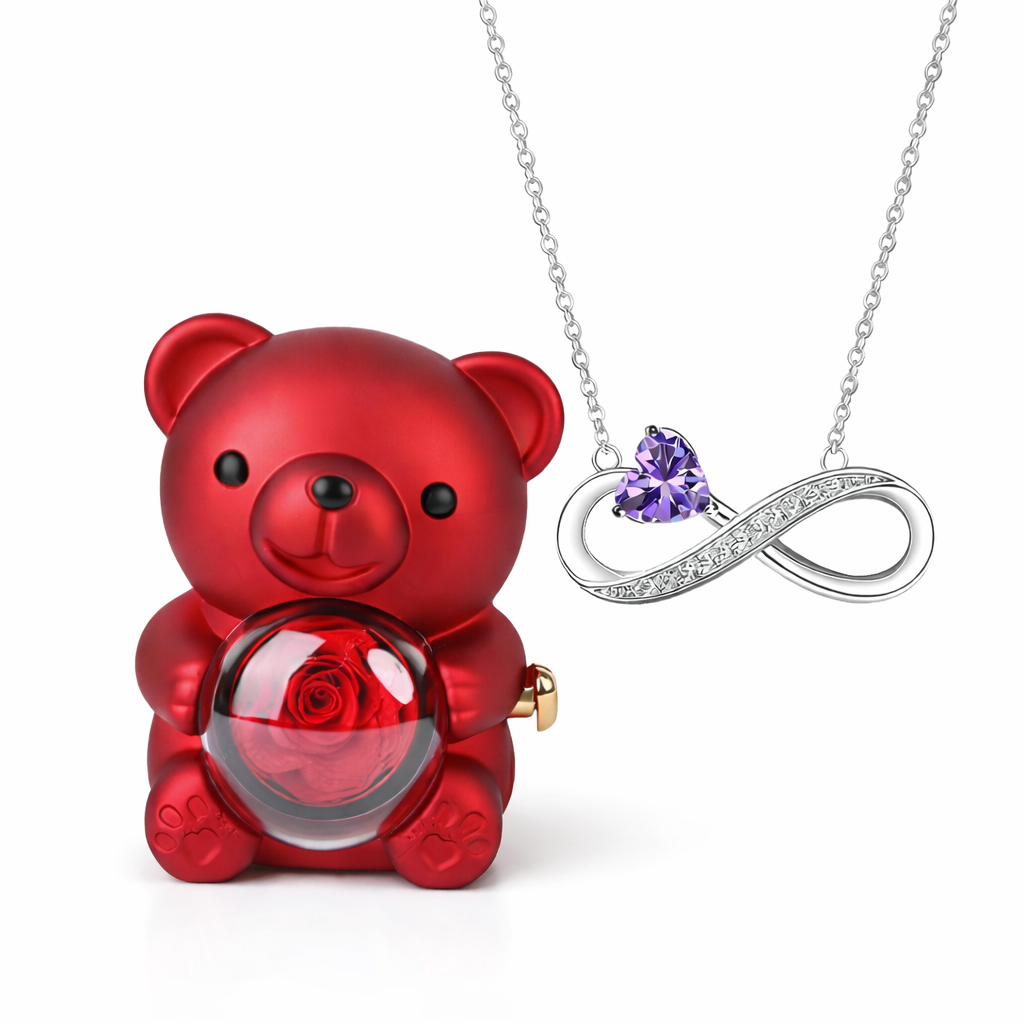 Colar Amor Infinito com Coração Cristal + Urso Rosa Encantado (Edição Presente Premium)